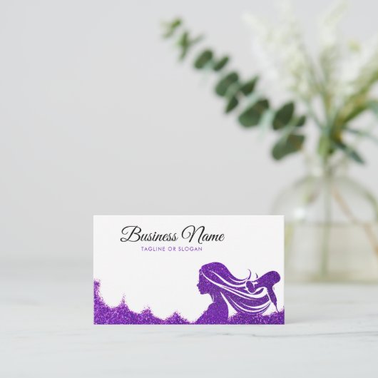Eleganter Lila Glitzer Lady Hairdresser Terminkarte (Stehend Vorderseite)