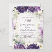 Eleganter Lila Glitzer mit weißer Blüte 18. Geburt Einladung (Vorderseite)