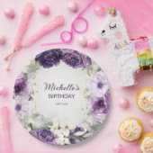 Eleganter Lila Glitzer mit weißer Blüte Geburtsnam Pappteller (Party)