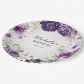 Eleganter Lila Glitzer mit weißer Blüte Geburtsnam Pappteller (Schrägansicht)