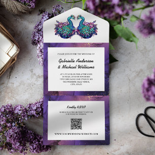 Eleganter Lila Gold Pfau Foto Öko QR Hochzeit All In One Einladung