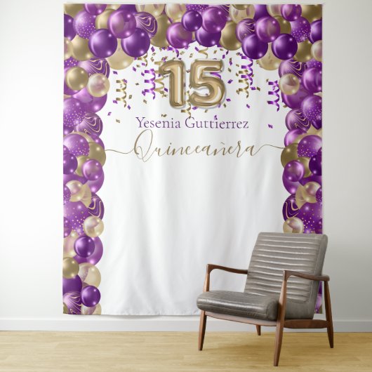 Eleganter Lila Goldballon Arch Quinceanera Wandteppich (Beispiel)