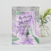 Eleganter Lila grüner Silberblumen-Glitzer Hochzei Einladung (Stehend Vorderseite)