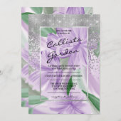 Eleganter Lila grüner Silberblumen-Glitzer Hochzei Einladung (Vorne/Hinten)