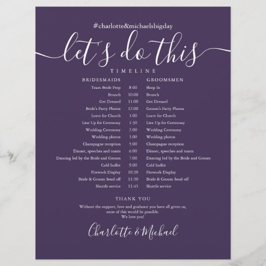 Eleganter Lila Hochzeitplan (Vorderseite)