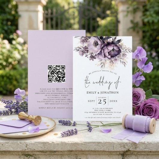 Eleganter Lila Lilac Florals QR Code Wedding Einladung