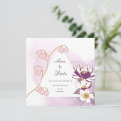 Eleganter Lila Lotus Save the Date Einladung (Stehend Vorderseite)