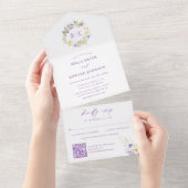 Eleganter Lila Monogram Floral Wedding QR Code All In One Einladung (Abreißen)