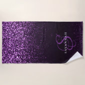 Eleganter Lila Monogram Script Stilvoller Glitzer Strandtuch (Vorderseite)