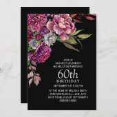 Eleganter Lila rosa Blütenschwarz 60. Geburtstag Einladung (Vorne/Hinten)