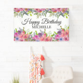 Eleganter Lila rosa floraler Happy Birthday Name Banner (Insitu)