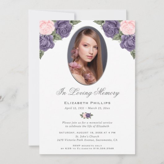 Eleganter Lila Rosa-Foto-Gedenkservice Einladung (Vorderseite)