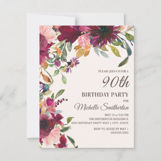Eleganter Lila rosafarbener Goldflor 90. Geburtsta Einladung (Vorderseite)