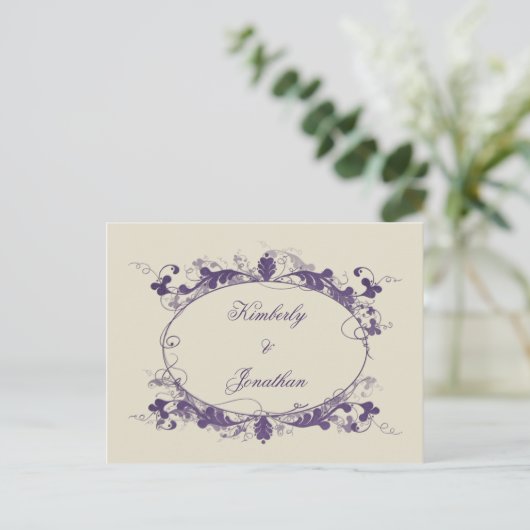 Eleganter Lila Scroll Frame Save the Date Ankündigungspostkarte (Stehend Vorderseite)