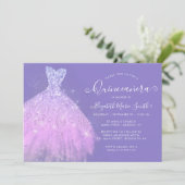 Eleganter Lila Silberner Glitzer Kleid Quinceanera Einladung (Stehend Vorderseite)