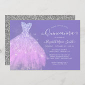 Eleganter Lila Silberner Glitzer Kleid Quinceanera Einladung (Vorne/Hinten)