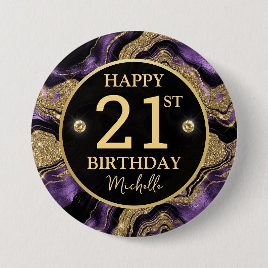 Eleganter Lila und Gold Glitzer Agate Birthday Button (Vorderseite)