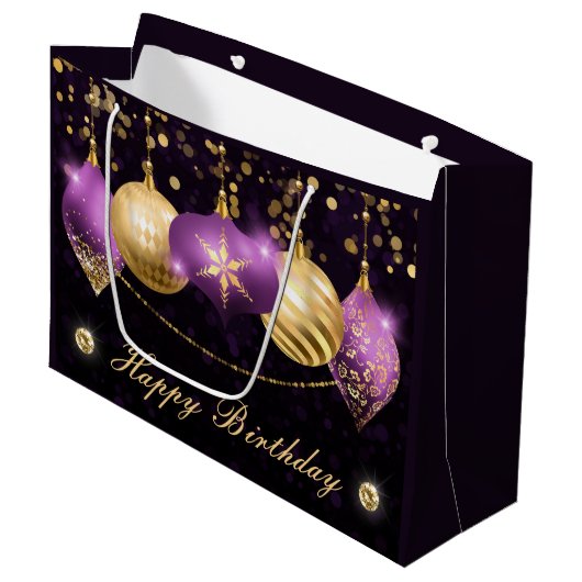 Eleganter Lila und goldener Winter Baubles Geburts Große Geschenktüte (Vorderseite Schrägansicht)