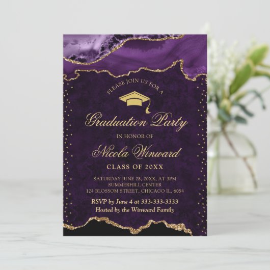 Eleganter Lila und Goldmarmor Agate Abschluss Einladung (Stehend Vorderseite)