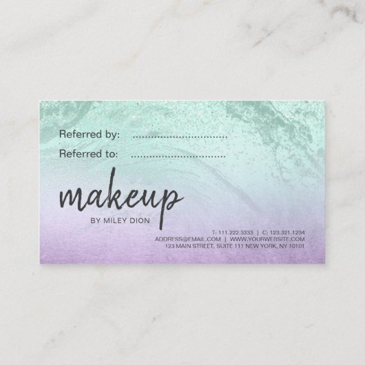 Eleganter, lila und minziger Glitzer mit Marmor Empfehlungskarte (Rückseite)