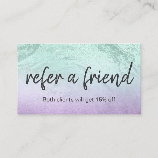 Eleganter, lila und minziger Glitzer mit Marmor Empfehlungskarte (Vorderseite)