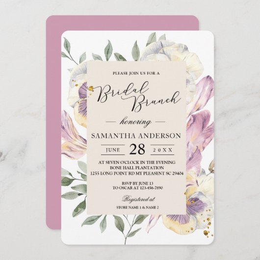 Eleganter Lila- und Pansy-Aquarell Einladung (Vorne/Hinten)