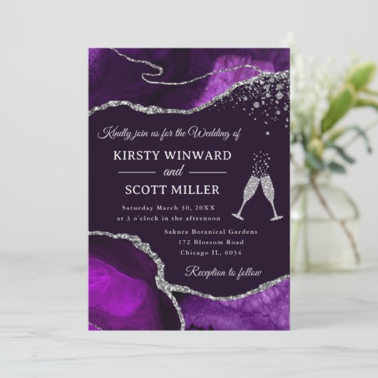 Eleganter Lila und Silberner Glitzer Agate Wedding Einladung (Stehend Vorderseite)