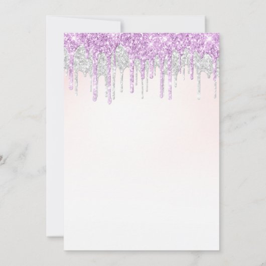 Eleganter lila und silberner Glitzer Quinceanera Einladung (Rückseite)