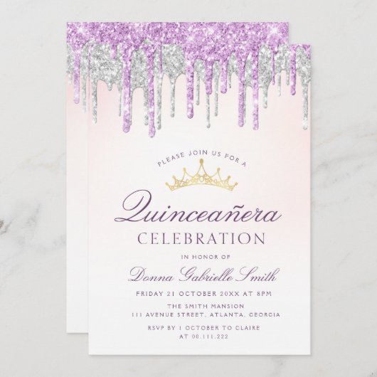 Eleganter lila und silberner Glitzer Quinceanera Einladung (Vorne/Hinten)