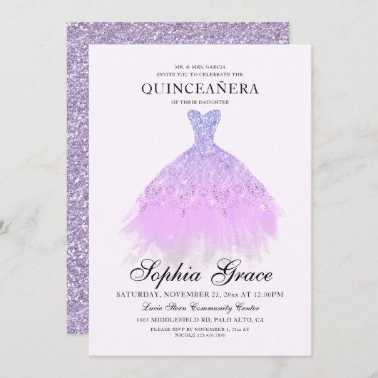 Eleganter Lila Violet Glitzer Quinceañera Einladung (Vorne/Hinten)