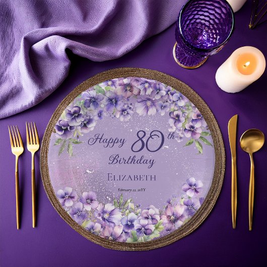 Eleganter Lila Violets floraler Happy 80. Geburtst Pappteller