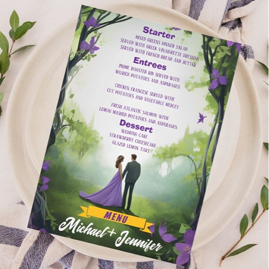 Eleganter Lila Wald - individuelle Blumenhochzeit Menükarte