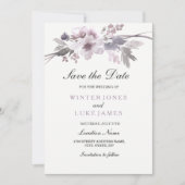 Eleganter Lila Winter Floral Save the Date einlade (Vorderseite)