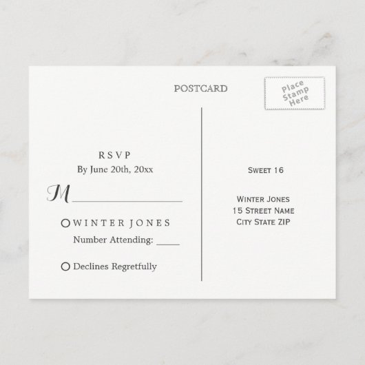 Eleganter Lila Winter Sweet 16 UAWG Einladungspostkarte (Rückseite)