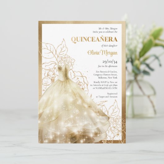 Eleganter Lux Gold formale Kleidung Glamour Quince Einladung (Stehend Vorderseite)