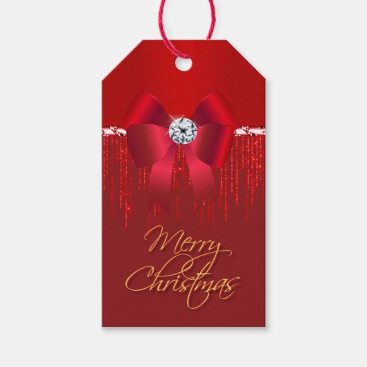 Eleganter, luxuriöser Red Satin Bogen Glitzer Weih Geschenkanhänger (Vorderseite)