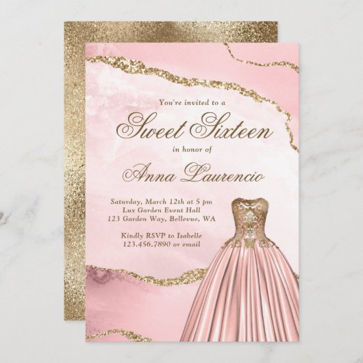 Eleganter Luxus Blush Pink Gold Marmor Sweet 16 Einladung (Vorne/Hinten)