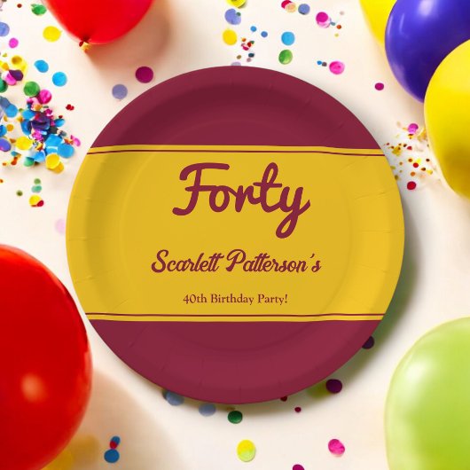 Eleganter Luxus Burgund und Gold 40. Geburtstag Pappteller