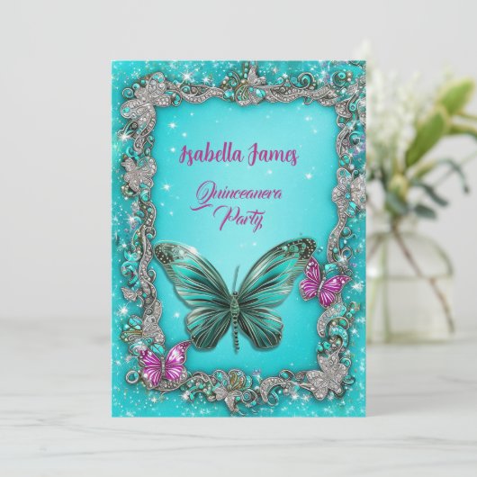 eleganter Luxus Butterflies türkis lila Einladung (Stehend Vorderseite)