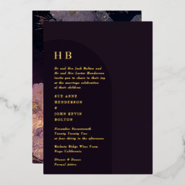 Eleganter Luxus Monogram Dark Boho Floral Arch Folieneinladung