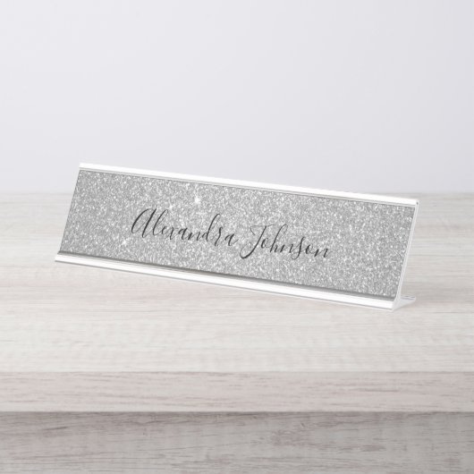 Eleganter Luxus Silberner Glitzer Sparkle Modernst Schreibtischnamensplakette (Vorderseite )