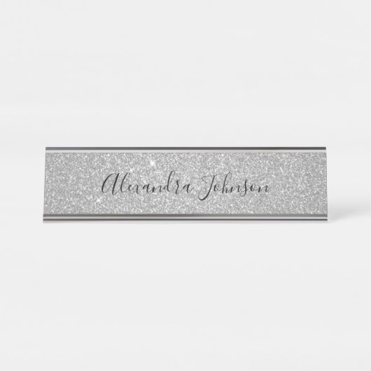 Eleganter Luxus Silberner Glitzer Sparkle Modernst Schreibtischnamensplakette (Vorderseite )