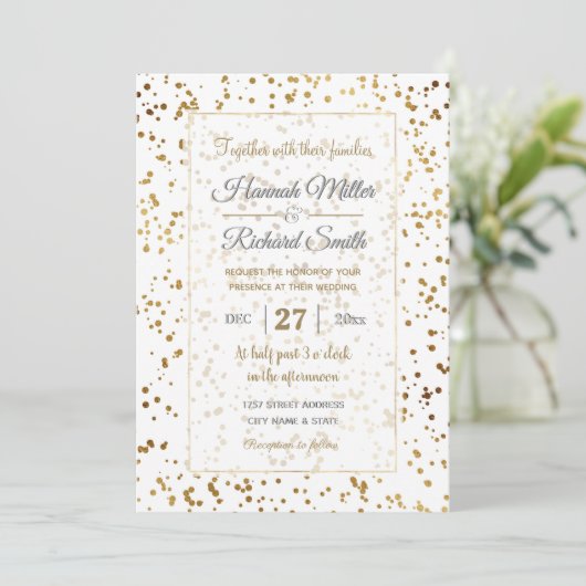 Eleganter Luxus Sparkling Gold Confetti Dots Image Einladung (Stehend Vorderseite)