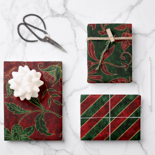 Eleganter Luxus Vintage Rot Grün Weihnachten Velou Geschenkpapier Set