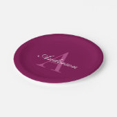 Eleganter Magenta Rot, Rosa und Weiß Name & Monogr Pappteller (Schrägansicht)