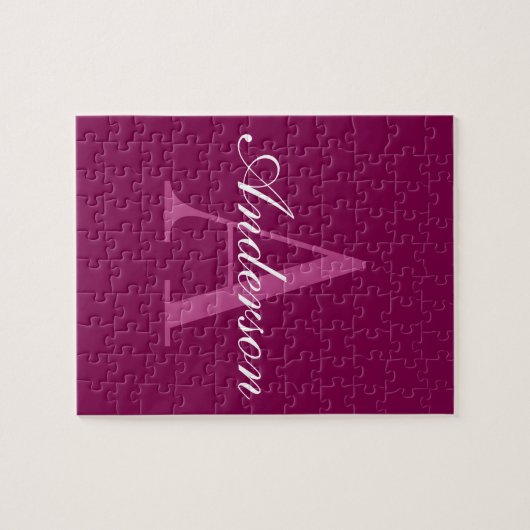 Eleganter Magenta Rot, Rosa und Weiß Name & Monogr Puzzle (Horizontal)