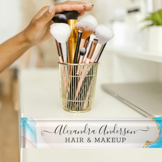 Eleganter Marble Blue und White Agate Gold Glitzer Namensplakette