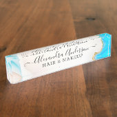 Eleganter Marble Blue und White Agate Gold Glitzer Namensplakette (Seite)