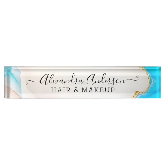 Eleganter Marble Blue und White Agate Gold Glitzer Namensplakette (Vorderseite)