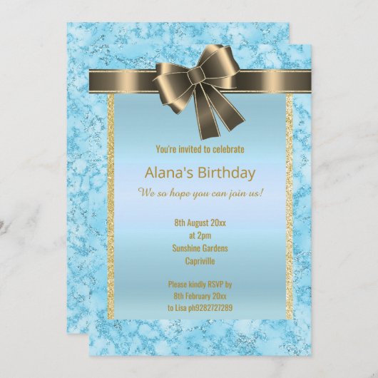 ELEGANTER MARBLE GLITZER GOLD BLAUE BOW EINLADUNG (Vorne/Hinten)